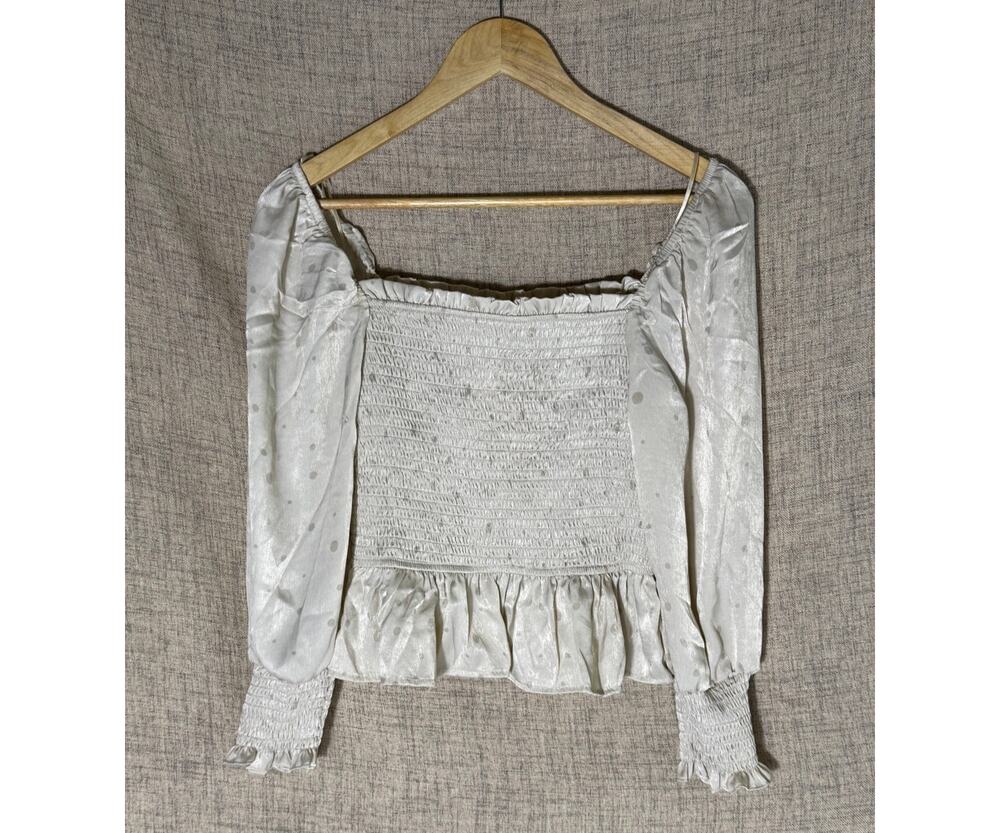 MINE Cream Satin Smocked Peplum Long Puff Sleeve Crop Top Medium NWT
